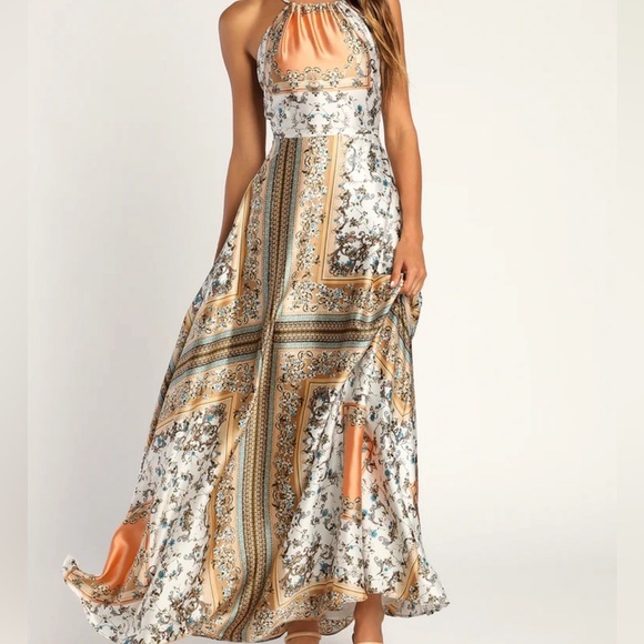 Lulu’s Divinely Inspired White Scarf Print Satin Backless Maxi Dress, Size M - Picture 2 of 15